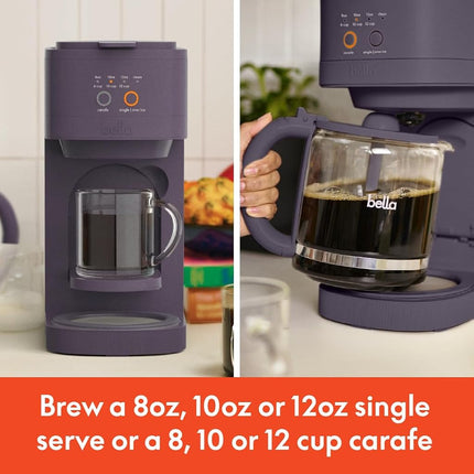 bella VersaBrew 2-in1 Coffee Maker, Fits-anywhere Kitchenware, Brew 3 Sizes Carafes & Single Serve Cups, Dishwasher Safe Reusable Filter & Filter Holder, Iced Coffee Function, 60oz Tank, Plum