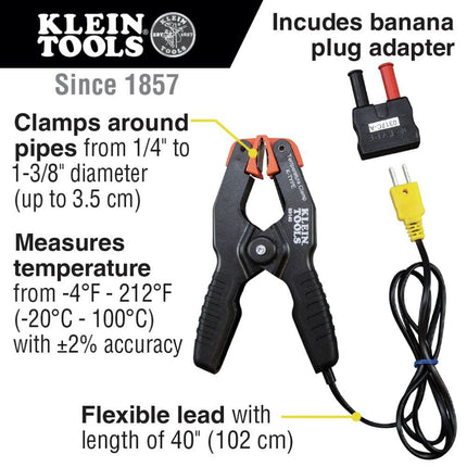 K-Type Thermometer, Pipe Temperature Clamp for HVAC, Measures -20 to +100 Degrees Celcius Klein Tools 69140