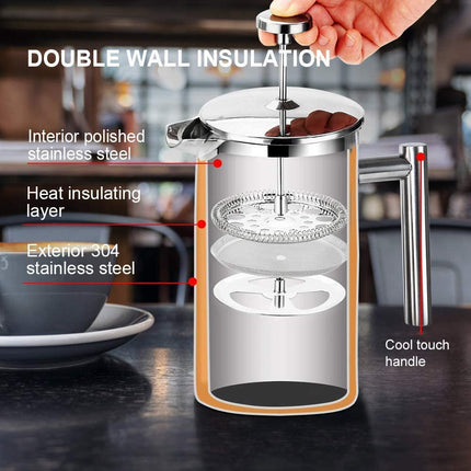 Secura Stainless Steel French Press Coffee Maker 18/10 Bonus Stainless Steel Screen (1000ML), Silver
