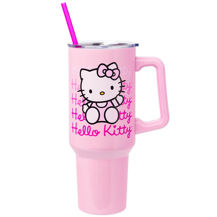Gobelet isotherme en acier inoxydable Silver Buffalo Sanrio Hello Kitty avec poignée et paille compatible avec les porte-gobelets standards 38 L