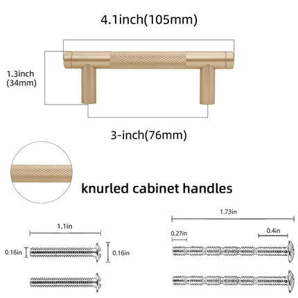 POVEFONK 10 Pack 3 inch(76mm) Champagne Copper Kitchen Cabinet Handles Knurled Cabinet Pulls Gold Drawer Pulls Kitchen Hardware