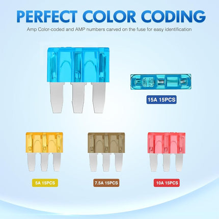 Nilight 60PCS Micro3 Fuse ATL Car Blade Fuses Assortment Kit 3 Prong Micro Blade Car Fuses Replacement 5A 7.5A 10A 15A Automotive Fuse with Fuse Puller for Cars Trucks SUVs RVs