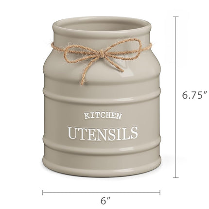 Barnyard Designs Ceramic Farmhouse Utensil Holder for Kitchen Counter, Large Rustic Utensil Crock, Countertop Cooking Tool Organizer, 6.75”, Taupe