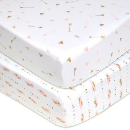 American Baby Company Lot de 2 draps-housses imprimés 100 % coton jersey pour berceaux et matelas pour tout-petits standard, or scintillant/plumes roses/flèches, pour filles