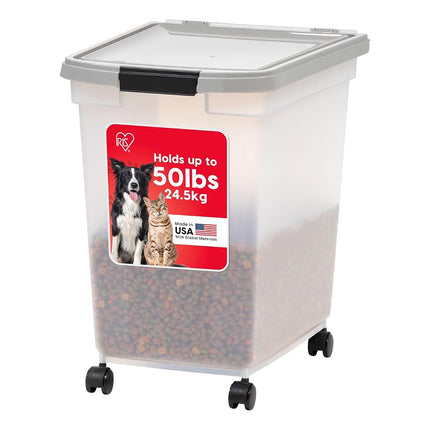 IRIS USA 50 Lbs/65 Qt WeatherPro Airtight Pet Food Storage Container with Removable Casters, Clear/Gray
