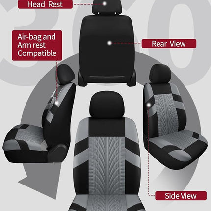 VarCozy Car Seat Covers Full Set, Front Seat Covers And Split Rear Bench Seat Covers For Car, Universal Cloth Seat Covers for SUV, Sedan, Van, Automotive Interior Covers, Airbag Compatible, Black&Grey