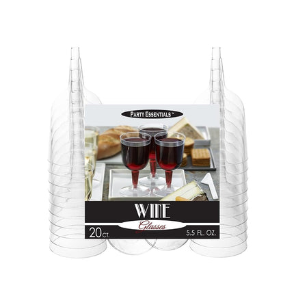 Party Essentials Hard Plastic Two Piece 5.5-Ounce Wine Glasses, Clear, Pack of 20