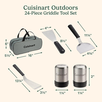 Cuisinart 24-Piece Griddle Tool Set with Storage Tote, Stainless Steel Flat Top Grill Accessories with Spatulas, Melting Dome, Smash Burger Press, Scraper & Tongs, Perfect for BBQ, Tailgates, Camping