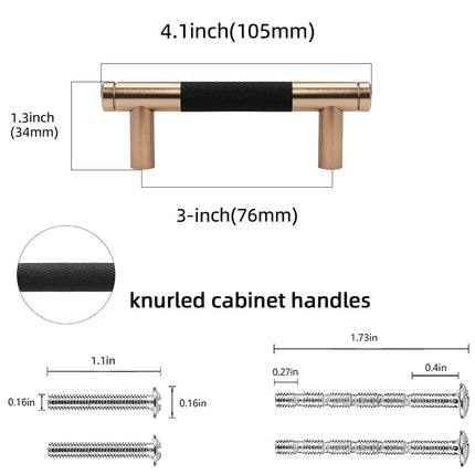 POVEFONK 10 Pack 3 inch(76mm) Black and Champagne Copper Kitchen Cabinet Handles Knurled Cabinet Pulls Black Drawer Pulls Kitchen Cabinet Hardware Kitchen Handles Drawer Pulls