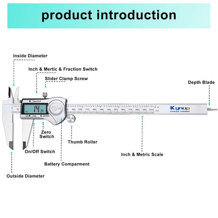Kynup Digital Caliper, 200mm/8 Inch Caliper Measuring Tool with Stainless Steel, IP54 Splash Proof Protection Design, Easy Switch from Inch Metric Fraction, Large LCD Screen, 2 Extra Button Cells