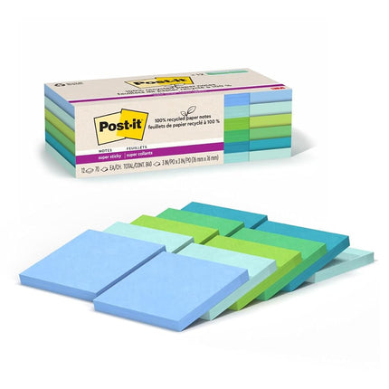 Post-it 100% Recycled Paper Super Sticky Notes, 2X The Sticking Power, 3x3 in, 12 Pads, 70 Sheets/Pad, Oasis Collection (654R-12SST)