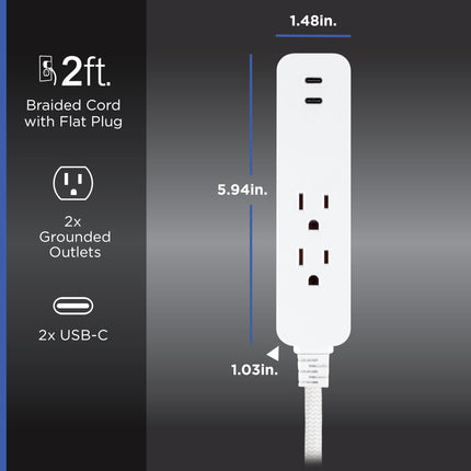 GE 6-Outlet & 2-Outlet Surge Protector Combo Pack with 2 USB-C Ports, 245 Joules, 2ft Braided Cords, Flat Plugs, ETL Certified, White, 86076
