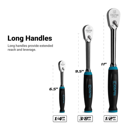 Capri Tools Fine 90-Tooth Ratchet Set, Ergonomic Soft Grip, 1/4, 3/8, 1/2 in. Drive, 3-Piece
