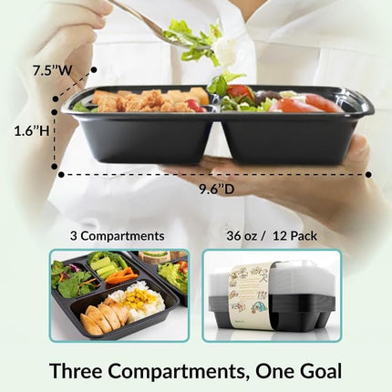 Enther Meal Prep Containers [12 Pack] 3 Compartment with Lids, Food Storage Bento Box | BPA Free | Stackable | Reusable Lunch Boxes, Microwave/Dishwasher/Freezer Safe,Portion Control (36 oz)