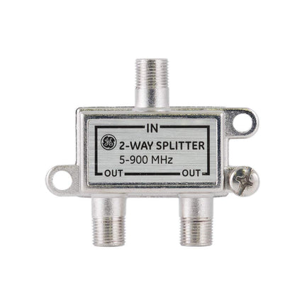 Divisor de cable coaxial GE de 2 vías, rango de 5-900 Mhz, compatible con cable coaxial RG59 RG6, audio, video, funciona con TV HD, cable, amplificadores, antenas amplificadas, níquel, resistente a la corrosión, 35046