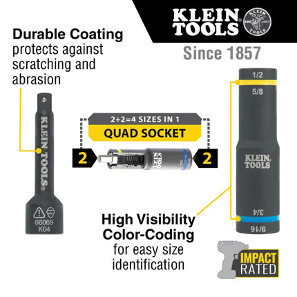 Klein Tools 66009 Impact-Rated 4-in-1 Flip Quad Socket, 3/8-Inch Drive, 12-Point Color-Coded Deep Sockets with 4 Hex Sizes and Adapter