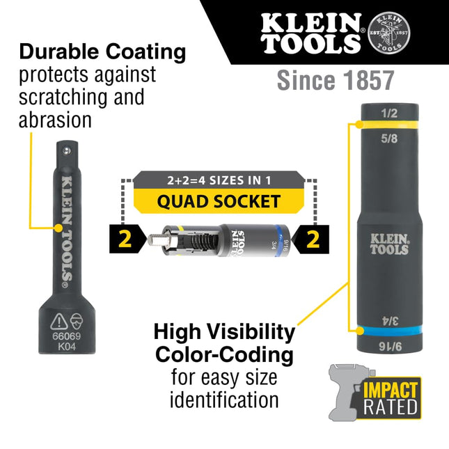 Klein Tools 66009 Impact-Rated 4-in-1 Flip Quad Socket, 3/8-Inch Drive, 12-Point Color-Coded Deep Sockets with 4 Hex Sizes and Adapter