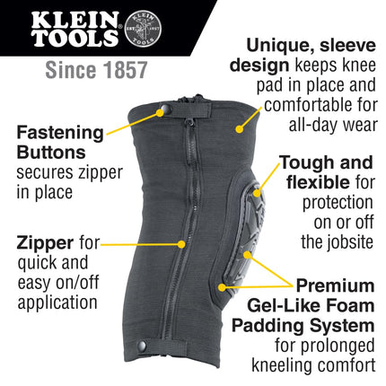 KLEIN TOOLS 60630 Tough-Flex Knee Sleeves for Work, Construction, Low-Profile Sleeve with Zipper, Gel-Like Foam, Black, L/XL