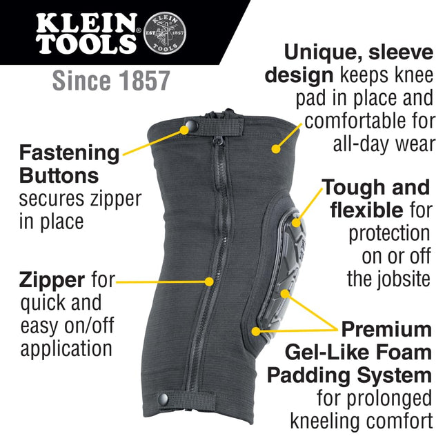 KLEIN TOOLS 60630 Tough-Flex Knee Sleeves for Work, Construction, Low-Profile Sleeve with Zipper, Gel-Like Foam, Black, L/XL