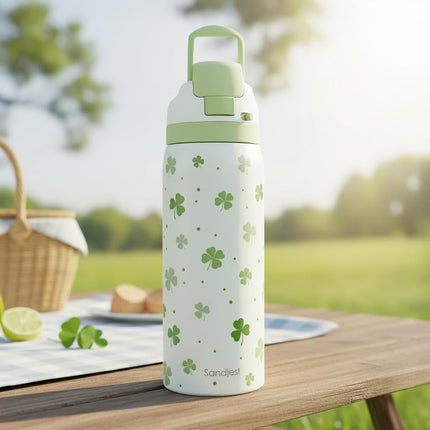 Shamrock Insulated Stainless Steel Water Bottle with Straw for Sports and Travel, 32oz, Gifts for Irish Women Girls Friends Teens Birthday Christmas St Patricks Day