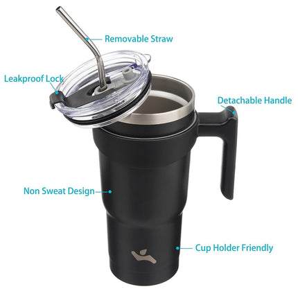 Konokyo Gobelet de 20 oz avec poignée et 2 pailles 2 couvercles, bouteille d'eau isotherme en acier inoxydable, tasse sous vide réutilisable, mug de voyage, noir