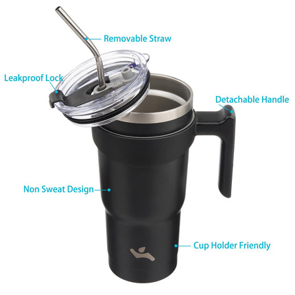 Konokyo 20 oz Tumbler with Handle and 2 Straw 2 Lid, Insulated Water Bottle Stainless Steel Vacuum Cup Reusable Travel Mug,Black