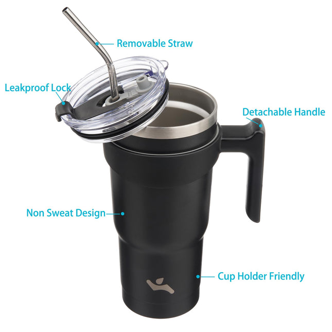 Konokyo 20 oz Tumbler with Handle and 2 Straw 2 Lid, Insulated Water Bottle Stainless Steel Vacuum Cup Reusable Travel Mug,Black