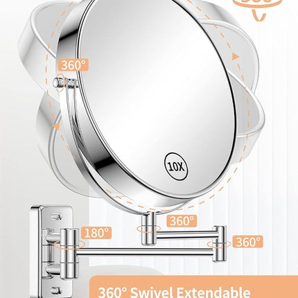 Gospire 9" Large Size Wall Mount Makeup Mirror with 1X/10X Magnification Double-Sided 360° Swivel Vanity Mirror，Chrome Polished Extendable Shaving Bathroom Wall Cosmetic Mirror for Men and Women