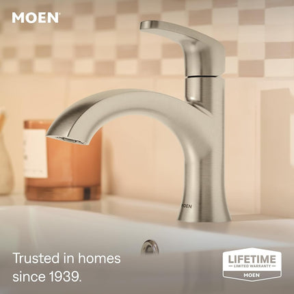 Moen Karis One-Handle Bathroom Sink Faucet, One Hole Lavatory Faucet with Drain Assembly and Optional Deck Plate, Spot Resist Brushed Nickel, 84346SRN