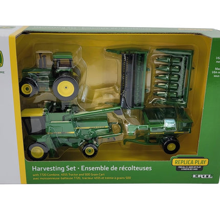 John Deere 1/64 Scale 5 pc Harvesting Set 4555 Tractor, 7720 Combine w/2 Heads, 500 Grain Cart