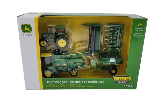 Juego de 5 piezas de cosecha John Deere a escala 1/64: tractor 4555, cosechadora 7720 con 2 cabezales, carro de grano 500