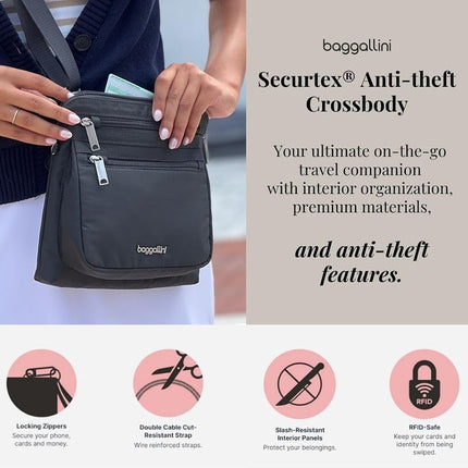 Baggallini Securtex Anti-Theft Crossbody 8.25" Small / 10" Large Travel Purse with RFID Card Slots & Cut-Resistant Strap, Black, Small 8.25"w x 8.25"h