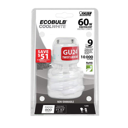 Feit Electric BPESL13T/GU24/41K/6 60W Equivalent 13 Watt 900 Lumen, 3.66" H x 2.09" D CFL Twist GU24 Base Bulb, 6 Pack, 4100K Cool White, 6 Count