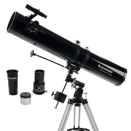 Celestron 21045 PowerSeeker 114EQ Reflector Telescope - includes Two Eyepieces, Barlow Lens, Height-adjustable Tripod and Deluxe Accessory Tray, Black