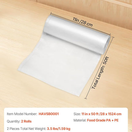 VEVOR Vacuum Sealer Bags, 2 Rolls 11 In x 50 Ft, Non-BPA Food Grade Seal A Meal Bags, Customizable Freezer-friendly Vac Sealing Bag for Food Saver, Food Storage Vacuum Bags for Meal Prep or Sous Vide