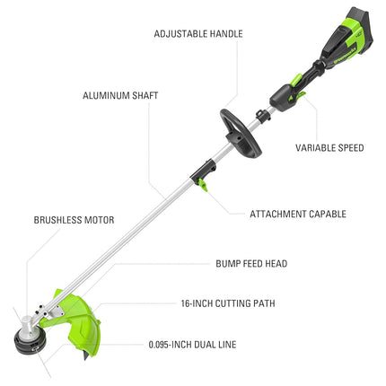 Greenworks 40V 16-Inch Brushless (Attachment Capable) Cordless String Trimmer (Gen 2), 4.0Ah Battery and Charger Included