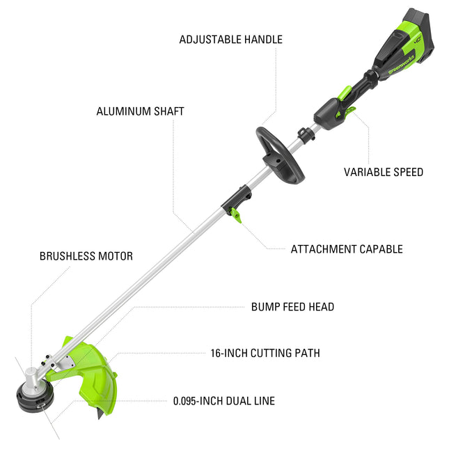 Greenworks 40V 16-Inch Brushless (Attachment Capable) Cordless String Trimmer (Gen 2), 4.0Ah Battery and Charger Included