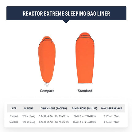 Sea to Summit - Reactor Extreme Sleeping Bag Liner - Regular Mummy With Drawcord - Thermolite For Thermal Boost - Ultra-Sil Stuff Pack - For Backpacking, Camping & Winter Camping - Orange - 364g