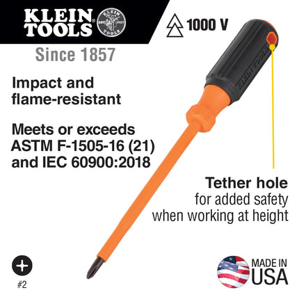 Klein Tools 6834INS Insulated Screwdriver, 1000V #2 Phillips Tip Screwdriver with 4-Inch Shank, Tip-Ident, Cushion-Grip Handle