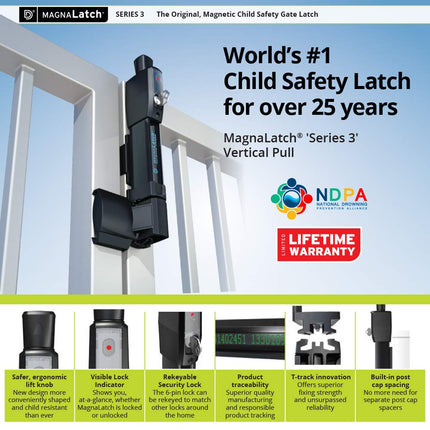 D&D Technologies ML3VPKA MagnaLatch Vertical Pull, Child & Pet Safety Magnetic Gate Latch and Gate Lock, for Any Square Gate