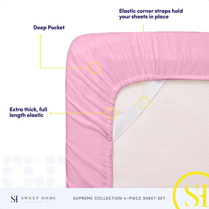 Parure de Draps California King - Draps de Luxe Respirants avec Élastique Intégral et Sangles d'Angle Sécurisées Intégrées - Collection Suprême 1800 Parure de Lit King Size California King, Poches Profondes, Parure de Draps, California King, Rose