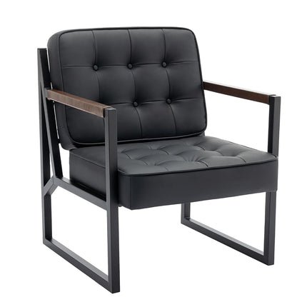 Sillón decorativo moderno de mediados de siglo COLAMY, juego de 2, cómodo sillón para sala de estar, sillón decorativo de cuero negro, sillón con reposabrazos de cuero sintético con patas de metal para sala de estar, dormitorio, recepción, oficina, negro