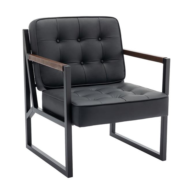 Sillón decorativo moderno de mediados de siglo COLAMY, juego de 2, cómodo sillón para sala de estar, sillón decorativo de cuero negro, sillón con reposabrazos de cuero sintético con patas de metal para sala de estar, dormitorio, recepción, oficina, negro