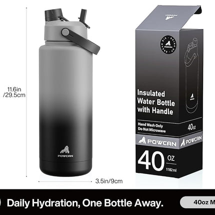 POWCAN 1183 ml Insulated Water Bottle, 2-in-1 Straw & Spout Lid, Leakproof, BPA-Free, Double Wall Stainless Steel, Keeps Cold 24H, for Sports, Gym & Travel (Obsidian)