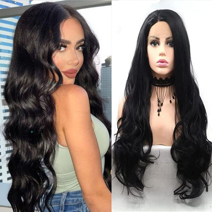 Xiweiya 1B Black Wigs Long Body Wavy Synthetic 12×