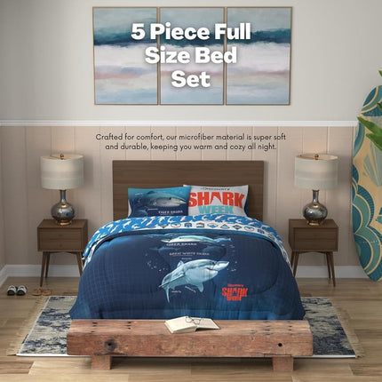 Franco Comforter and Sheet Set, Microfiber, Blue-Shark Week, 5 Piece Full Size