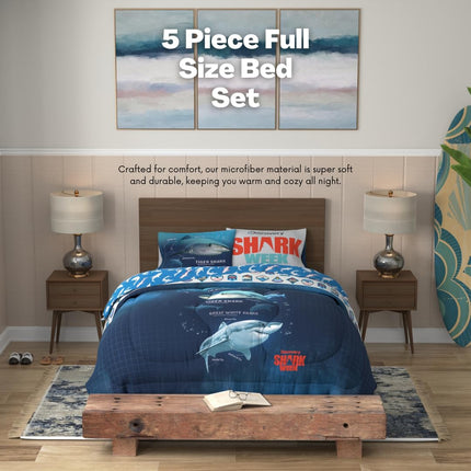 Franco Comforter and Sheet Set, Microfiber, Blue-Shark Week, 5 Piece Full Size