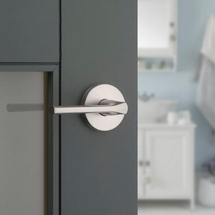 Kwikset Lisbon Interior Privacy Door Handle with Lock, Round Lever for Bathroom and Bedroom, Satin Nickel Reversible Keyless Push Button Lock Door Lever, with Microban Protection