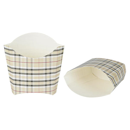 Bio Tek 4.5 x 3.2 x 3.9 Inch French Fry Cup, 100 Disposable Snack Cups - Stackable, Sustainable, Plaid Paper 3 Ounce Fry Holder, for Fries, Onion Rings, Popcorn, or Cookies - Restaurantware