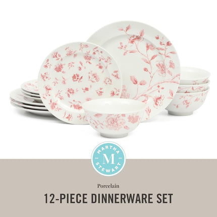 Service de table 12 pièces Martha Stewart Empress Bouquet en porcelaine décorée, résistante aux ébréchures et aux rayures - Rose fleuri